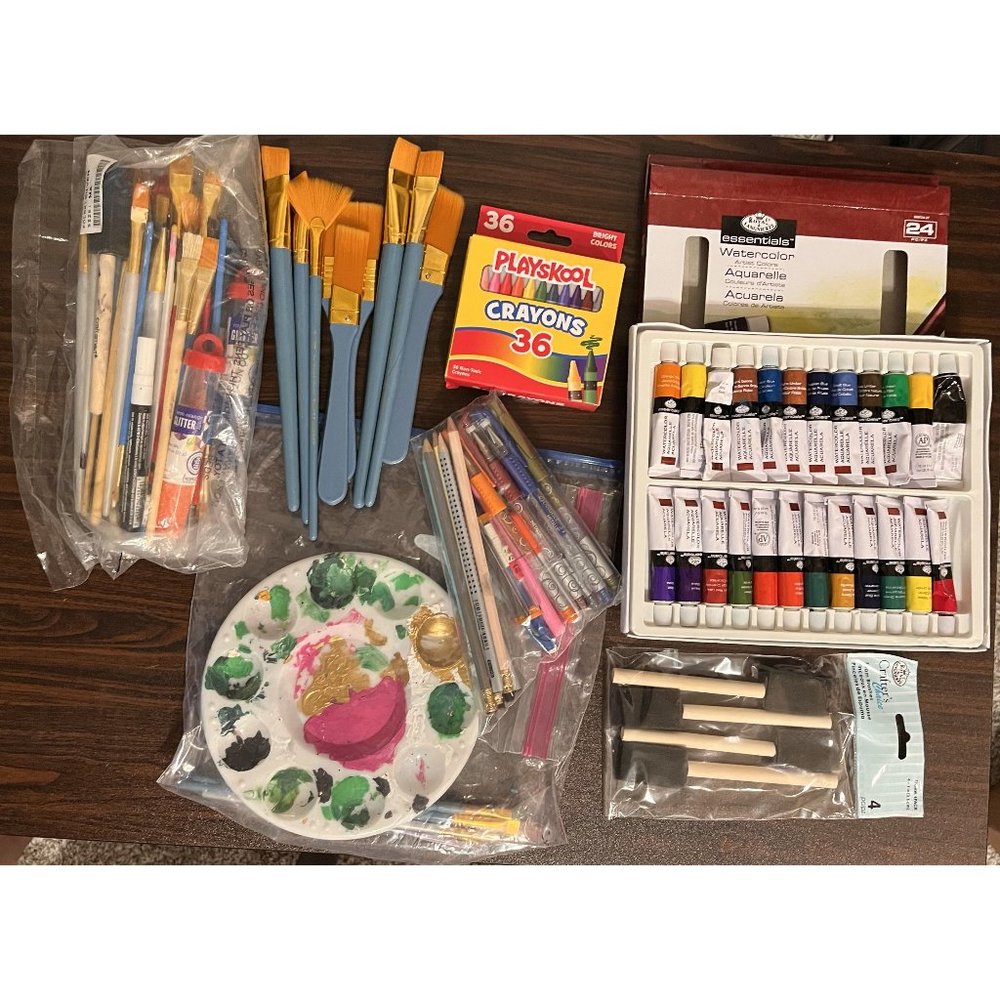 Mix of Acrylic Paint, Brushes, Sponges, Crayons, and Pencils